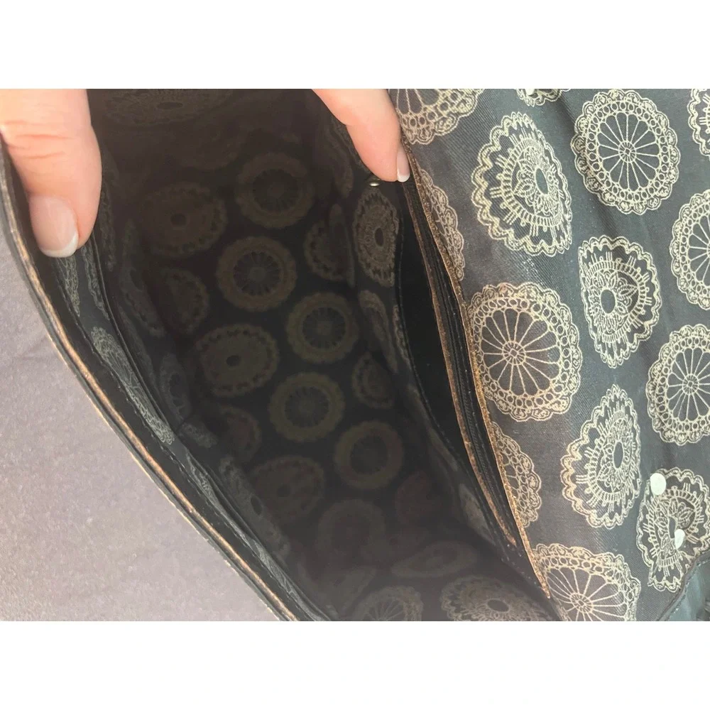 American West Black Hand Tooled Leather Studded Floral Top Handle‎ Handbag Bag